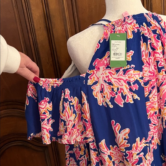 Lilly Pulitzer Bellamie Top in Brilliant Blue and Pink Coral Print, NWT, L - Picture 6 of 14